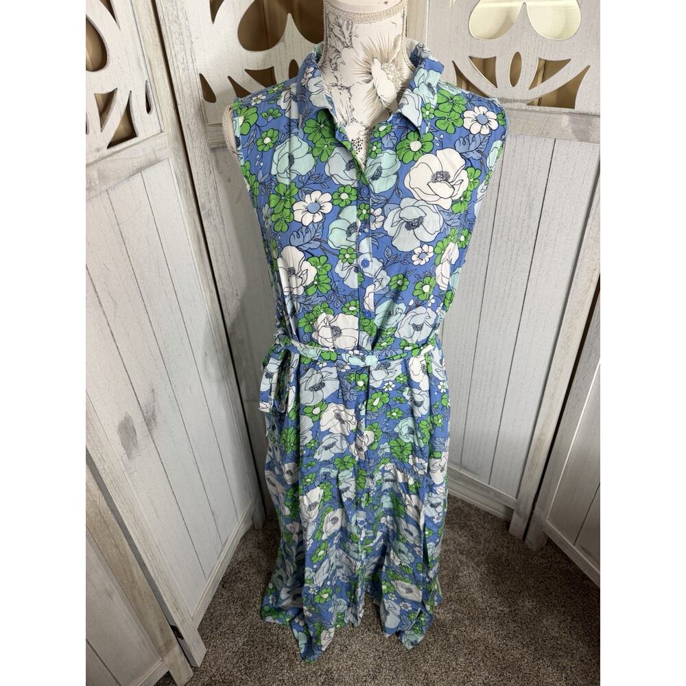 Croft & Barrow Button Up Maxi Dress Women’s Floral Blue Green Tie Belt Large